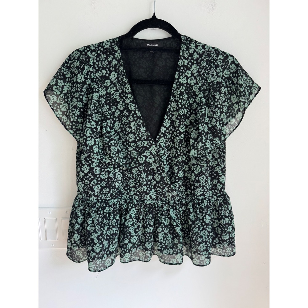Madewell Floral Peplum Top Womens XS Black Green faux Wrap Front Flutter Sleeve
